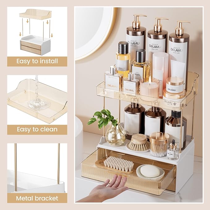Delamu Bathroom Organizers and Storage, 2 Tier 2 Drawer Makeup Organizer Countertop, Easy to Install, Ideal for Bathroom Counter, Vanity, Ideal Gifts for Women Girls, Amber