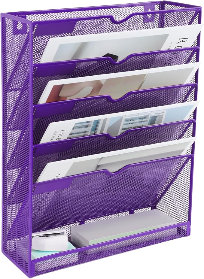 EASEPRES 6 Tier Mesh Hanging Wall File Organizer, Desk Vertical Mail Paper Document Folder Holder Rack with Bottom Tray and Nametag Label for Office Home School, Purple