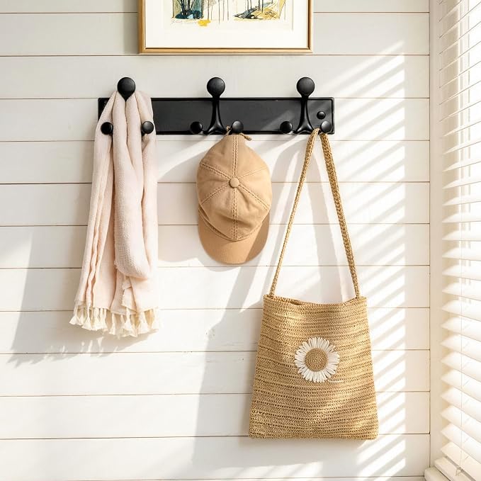 SKOLOO Lightweight Wall Mounted Coat Rack, 17 Inch Modern Coat Hanger for Entryway, Bathroom, Garage, 9 Hooks with 16cm Wide Spacing Design, Matte Black(Pack of 2)