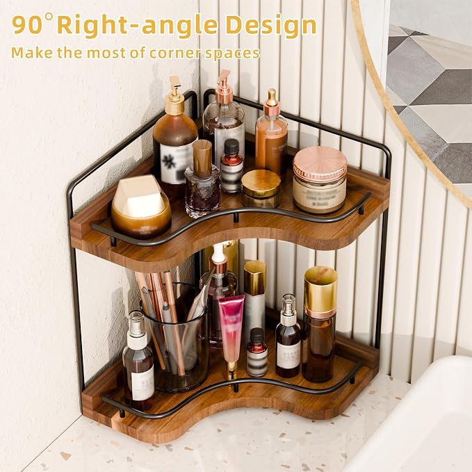 2-Tier Corner Bathroom Counter Organizer, Larger Size | Embedded Screw Holes, Sturdy & Stable, Oversized, Holds More, Vanity Shelf for Makeup & Skincare