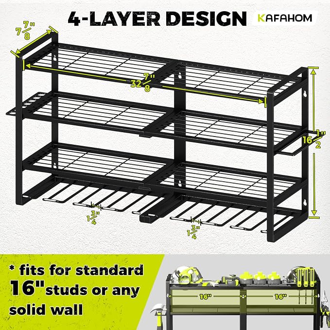 Power Tool Organizer-8 Drill Holder Wall Mount,4 Layer Heavy Duty Metal Power Tool Storage Rack,Garage Tool Organizer and Storage with Screwdriver Holder/Plier Holder/Hammer Holder