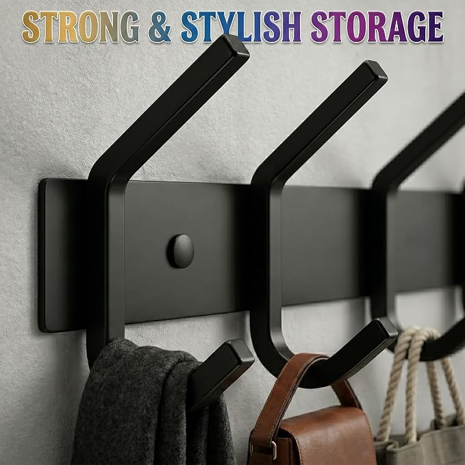 Coat Rack Wall Mount – 17 Inch Stainless Steel Hook Rail with 6 Double Coat Hooks for Hanging – Wall Mounted Entryway Organizer for Coats, Hats, Bags, Towels, Robes, Bedroom or Bathroom - Black