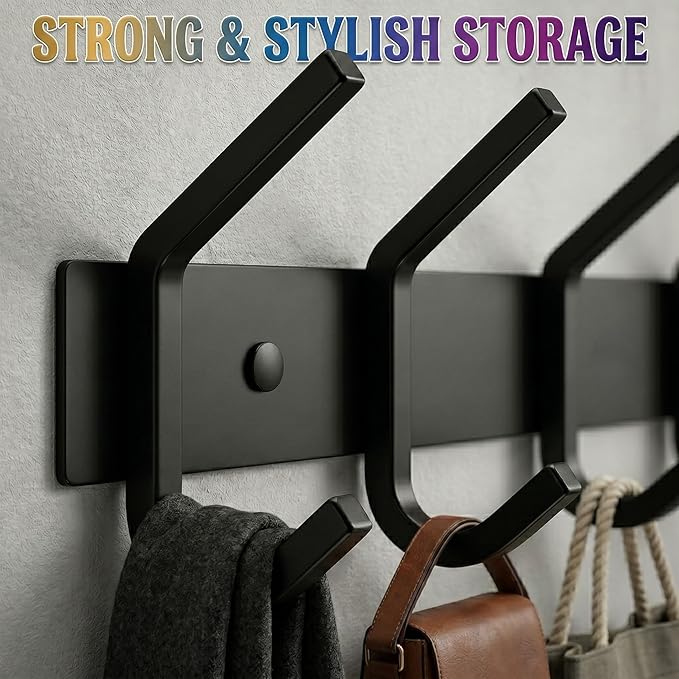 Coat Rack Wall Mount – 17 Inch Stainless Steel Hook Rail with 6 Double Coat Hooks for Hanging – Wall Mounted Entryway Organizer for Coats, Hats, Bags, Towels, Robes, Closet or Bathroom - Black 3 Pack