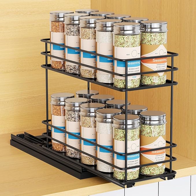 Mystozer Pull Out Spice Rack Organizer for Cabinet, Slide Out Spice Racks, Easy to Install, 4.33" Wx10.43 Dx8.66 H, 1 Drawer 2 Tiers(Black)