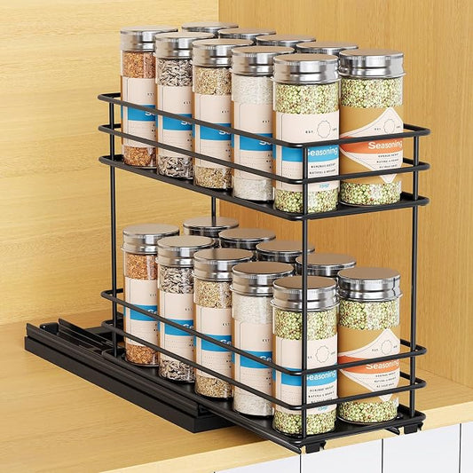 Mystozer Pull Out Spice Rack Organizer for Cabinet, Slide Out Spice Racks, Easy to Install, 4.33" Wx10.43 Dx8.66 H, 1 Drawer 2 Tiers(Black)