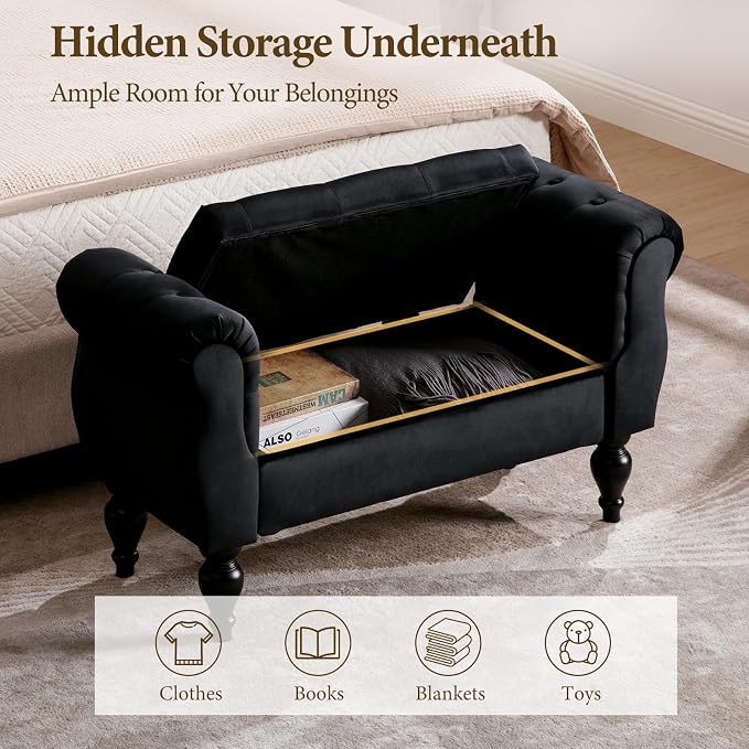 Storage Bench with Arms End of Bed Bench,Velvet Entryway Bench with Storage, Button Tufted Upholstered Ottoman Bench Wood Legs, Window Sitting Bench for Bedroom/Living Room/Hallway, Black