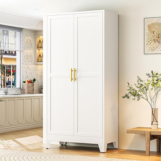 GAIOUS 75.2" Tall Metal Storage Cabinet with 2 Doors and 5 Adjustable Shelves, New upgrade Kitchen Pantry Cabinet, White Freestanding Cupboard, 6 Tier Steel Storage for Office, Kitchen, Dining, Garage