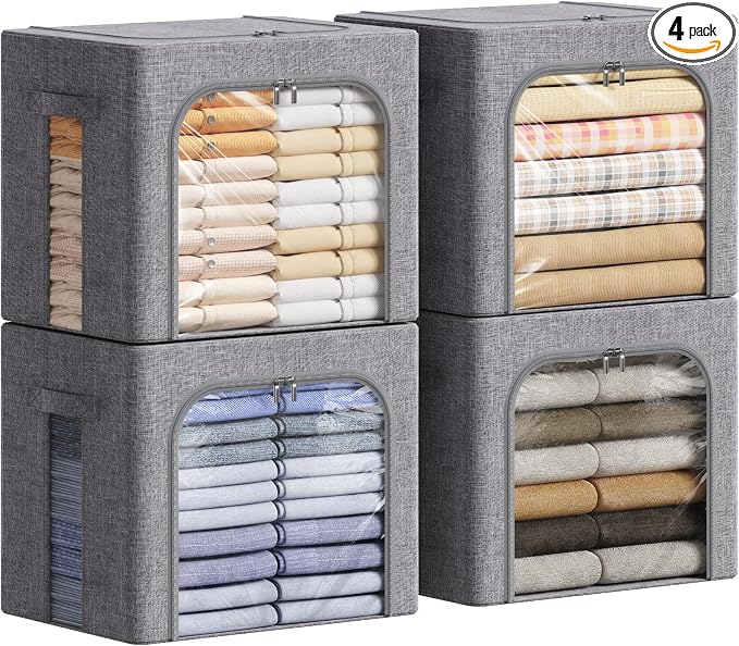 Lifewit Clothes Storage Bins with Metal Frame, Stackable Storage Box, Foldable Clothing Storage Bins with Lids, 40L Storage Bags Fabric Box Organizer with Clear Window＆ Zippers＆ Sturdy Handles 4 Pack