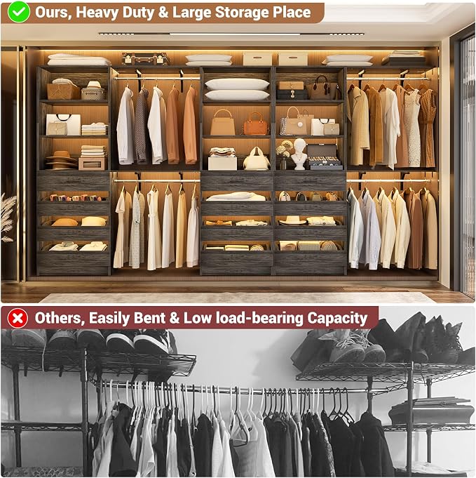 Aheaplus Closet System Set of 3, 138.5" Wood Closet Organizer System Tower with 12 Drawers & 4 Hanging Rods, 6.7+4.85Ft L Shaped Walk-in Closets Wardrobe Organizer Garment Rack with Shelf, Black Oak3