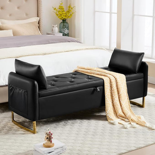 65" End of Bed Storage Bench, Modern Storage Benches for Foot of Bed with Tufted Button and Gold Legs, Upholstered Faux Leather Window Ottoman Benches with Armrests, Black