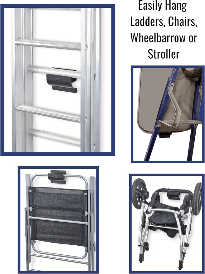 Ladder Hook - Black Heavy Duty Garage Wall Hanger - Utility Tool Storage | Sleek and Durable Wall Mounted Hook for Ladders, Folding Chairs and Step Stools, Helps Organise Home, Garage or Shed