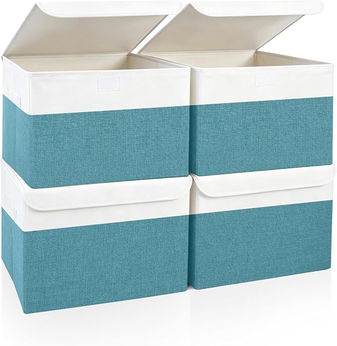 Bagnizer Large 22 Quart Linen Fabric Foldable Storage Bin Cube Organizer Basket with Flip-Top Lid & Handles, Clothes Blanket Box for Home, Office, Closet, Teal & White, 4 Pack 14.6 x 9.5 x 9.5