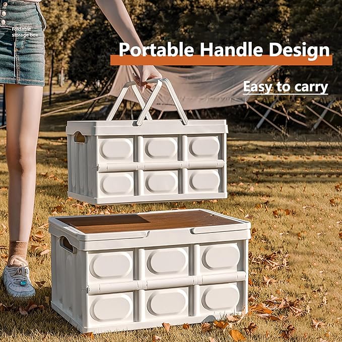 VPTMRP Collapsible Storage Bin with Handles and Wooden Lid, Large Capacity Stackable Utility Crates Holds 33lbs for Outdoor Home Storage Organizing Moving (55L/14.5Gal)