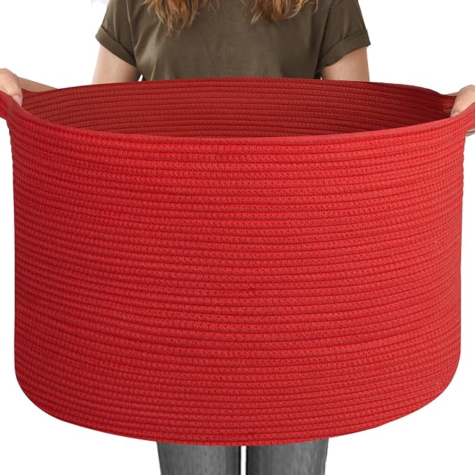 115L Extra Large Red Basket for Organizing, 23.6"x15.7" Jumbo Woven Cotton Rope Bins for Blankets, Baby Nursery Laundry Basket, Kids Dog Toy Storage Box, Huge Red Living Room Decor Organizer