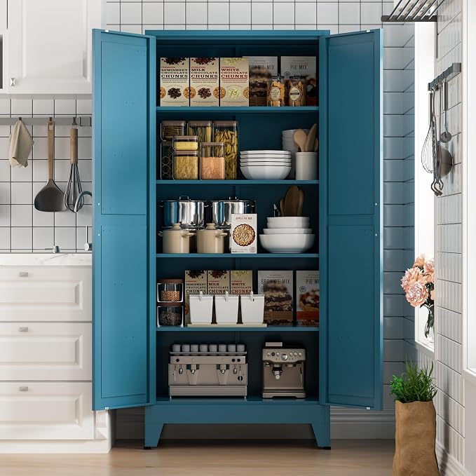 COFaR Home Farmhouse Storage Cabinet with Barn Door, Tall Kitchen Pantry Cupboard with Adjustable Shelves, for Dining Room, Bathroom, Living Room Blue.