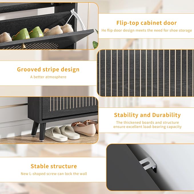 Fsbecl Shoe Storage Cabinet for Entryway with 2 Flip Drawers, Narrow Wood Shoe Cabinet with Fluted Panel, Freestanding Hidden Shoe Organizer for Hallway