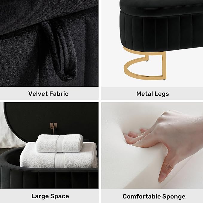 51" Velvet Storage Ottoman Bench End of Bed for Bedroom Entryway Black