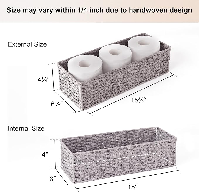 StorageWorks Bathroom Basket Organizer, Wicker Toilet Paper Basket, Gray | Long Narrow Wicker Baskets for Bathroom Decor, Paper Rope Toilet Tank Baskets for Tank Topper, 2 Pack
