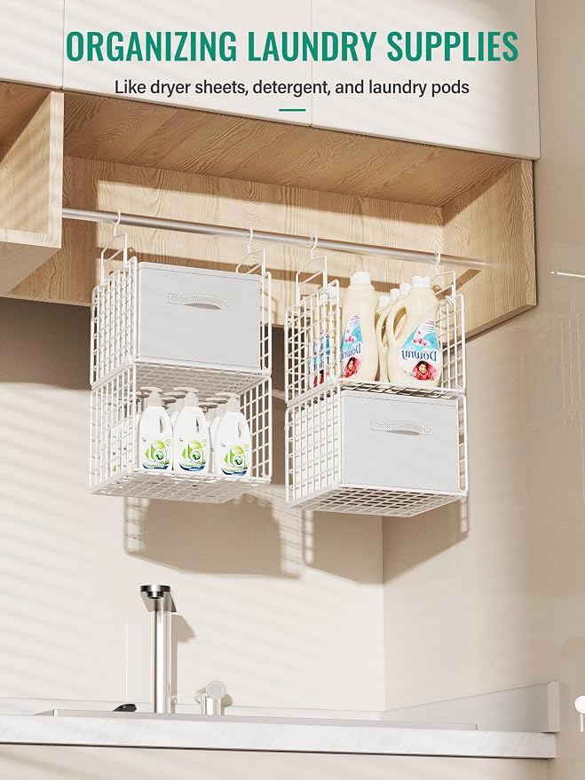 Hanging Closet Organizer with Drawers, 4 Tier Metal Closet Organizers and Storage with 4 Hanging Hooks 4 S-Hooks for Wardrobe Laundry Room, Wire Storage Shelf for Clothes Sweaters Pants (White)