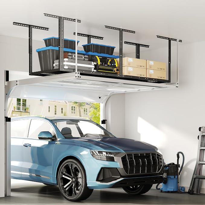 FLEXIMOUNTS 3x8 Overhead Garage Storage Rack,Adjustable Storage Organization System, Heavy Duty Metal Garage Ceiling Storage Racks, 2 pack, Hammertone, Classic Series