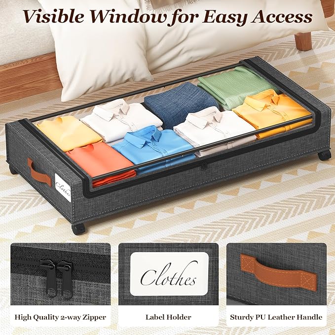 Yecaye 70L Under Bed Storage with Wheels, 2Pack Larger Capacity Under Bed Storage Containers, Underbed Shoe Storage Organizer, Rolling Under Bed Metal Drawers for Shoes, Clothes, Hemp Grey