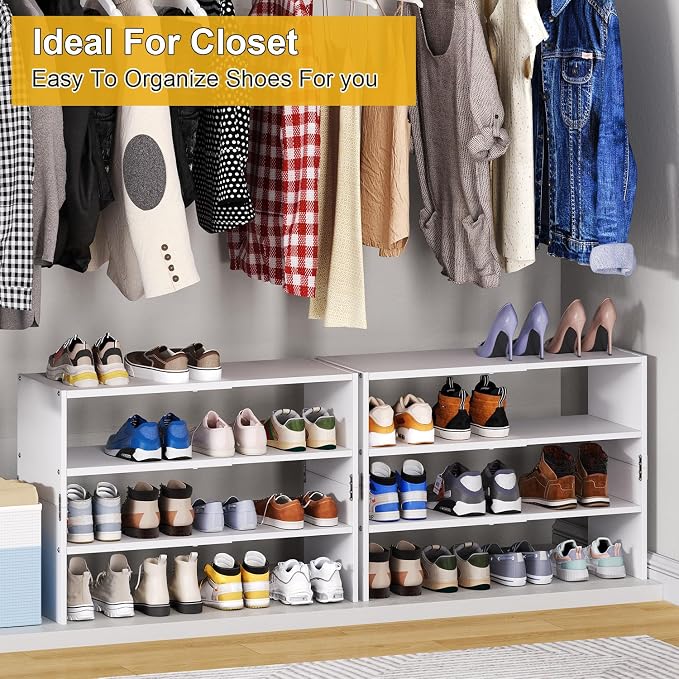 White Shoe Rack Organizer for Closet, 3-Tier Expandable Shoe Shelf, Stackable Iron Wood Combination Shoe Racks Shelves for Closets, Entryway,Small Space,Hallway,Garage,Holds 8-16 Pairs of Shoes
