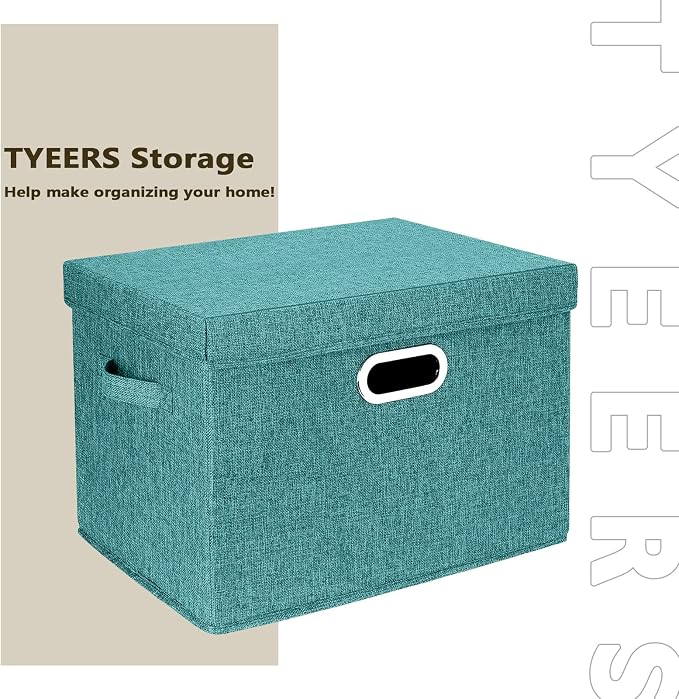 Large Storage Bins with Lids, Collapsible, Washable, Fabric Storage Boxes for Organizing, 17.3x11.8x11.4 inches, 3 Pack, Aqua Deep