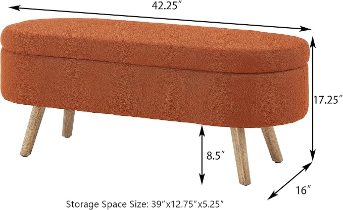 42.25" Ottoman with Storage, Storage Ottoman Bench with Safety Hinge, Boucle End of Bed Bench, Upholstered Entryway Bench for Bedroom, Living Room & Window, Holds up to 330 lb, Orange