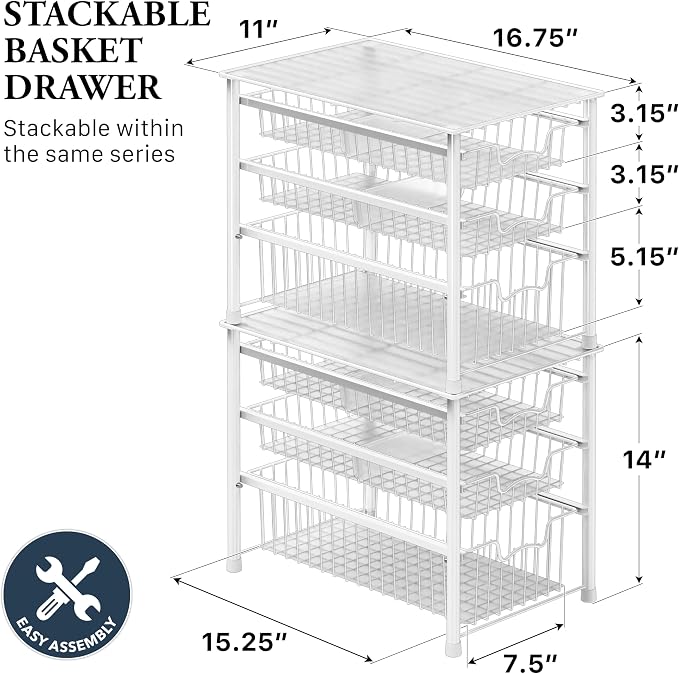 Simple Houseware Stackable 3 Tier Sliding Basket Organizer Drawer, White