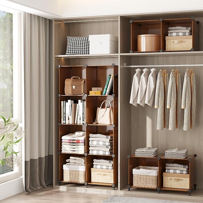 AWTATOS Closet Organizer, 6 Cube Storage Organizer, Closet Storage Shelves | DIY Stackable Closet Storage Cubes Shelf Bookshelf, Plastic Clothes Organizer Shelving for Bedroom, Home, Cocoa Brown