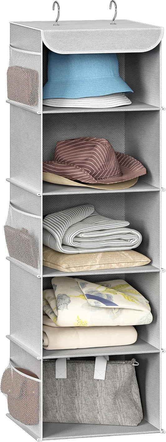 Simple Houseware 5 Shelf Hanging Closet Organizer, Gray | 360° Rotating Dual Hooks, Top Support Metal Frame, 6 Side Mesh Pockets