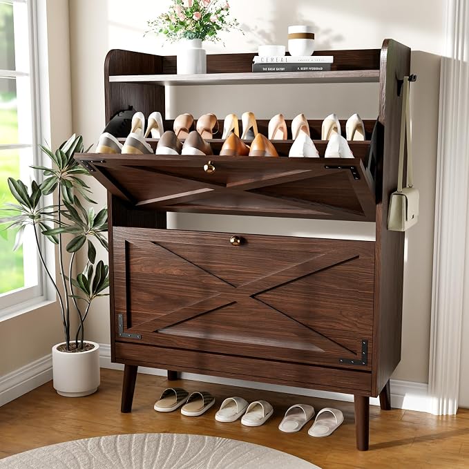 YZ HOME Shoe Storage Cabinet with 2 Flip Drawers | Entryway Shoe Cabinet, Metal Hooks & Adjustable Shelves, Freestanding Narrow Shoe Rack for Hallway Foyer, Brown
