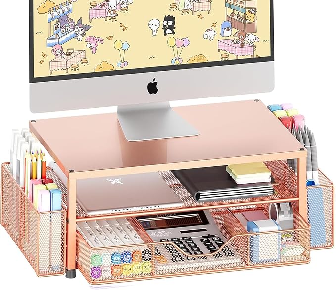 OPNICE Desk Organizer and Accessories, 2-Tier Computer Monitor Stand Riser with Drawer and 2 Pen Holders, Laptop Stand, Office Desk Accessories for Office Supplies, 1 Pack, Rose Gold