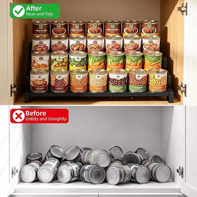 Expandable Can Organizer for Pantry, 4-Tier Adjustable Metal Can Rack | Tiered Countertop Shelf, Adjustable height Pantry Organizer for Kitchen Cabinet, Countertop & Canned Goods Storage