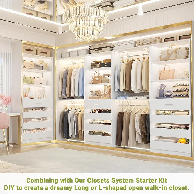 Aheaplus 21.3" Closet System with 4 Drawers, Wood Closet Organizer with Open Shelves, Modular Drawers System Tower, Walk-in Closets Small Wardrobe Rack, Tall Storage Cabinet Unit, White