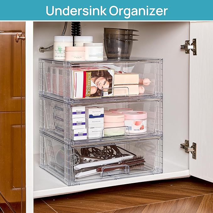 Vtopmart 3 Pack Large Clear Stackable Storage Drawers | Easily Assemble Bathroom Closet Undersink Organizers,Plastic Bins for Cabinet,Kitchen Pantry,Medicine Organization