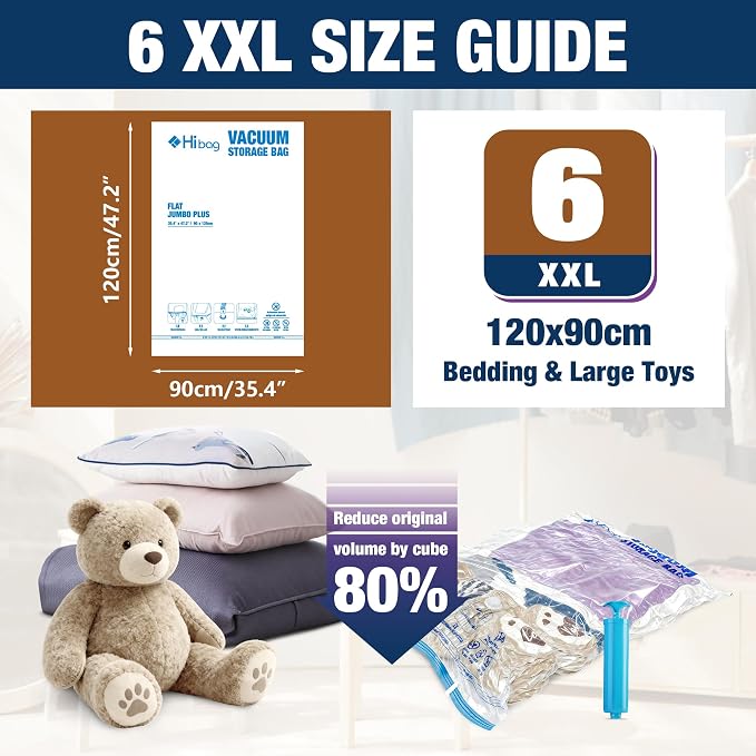XXL Jumbo Vacuum Seal Storage Bags Extra Large for Clothing Bedding | 47''X35'', Airtight Triple Seal, Save 80% Space, Hand Pump, Work with Vacuum, Double Zip, Reusable, Easy to Use, 6 pack
