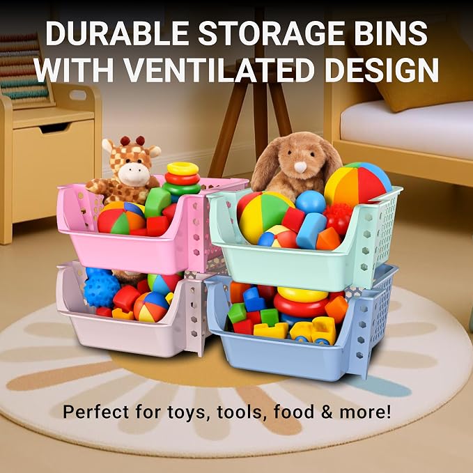 Skywin Stackable Storage Bins Open Front for Pantry Storage, 4 Pack - Multi | Sturdy Plastic, Easy Stacking, Breathable & Open Front Design, Pantry Storage for Snacks, Toiletries, and Small Essentials