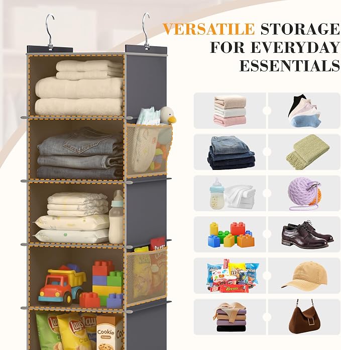 YOUDENOVA Upgraded Extra Wide Hanging Shoe Organizer for Closet, 8-Shelf Storage Organizer with 8 Side Pockets, Hanging Shoe Rack for Hats Clothes Jeans, 2 Packs, Grey