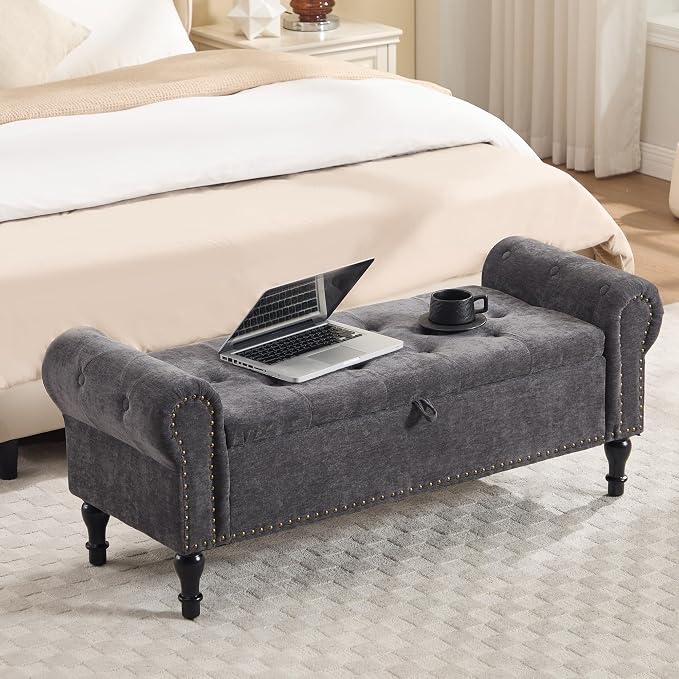51" Storage Bench for Bedroom, Chenille End of Bed Bench, Queen Size Bench with Rolled Arms, Tufted Storage Ottoman Benches, Upholstered Bench for Bedroom, Living Room, Entryway, Dark Grey