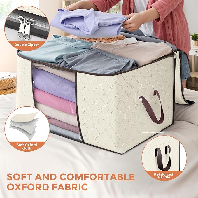 90L Large Storage Bags, 6 Pack Clothes Storage Bins Closet Organizers | Foldable Storage Containers, with Reinforced Handle, for Clothing, Blanket, Comforters, Bed Sheets, Pillows and Toys,Beige