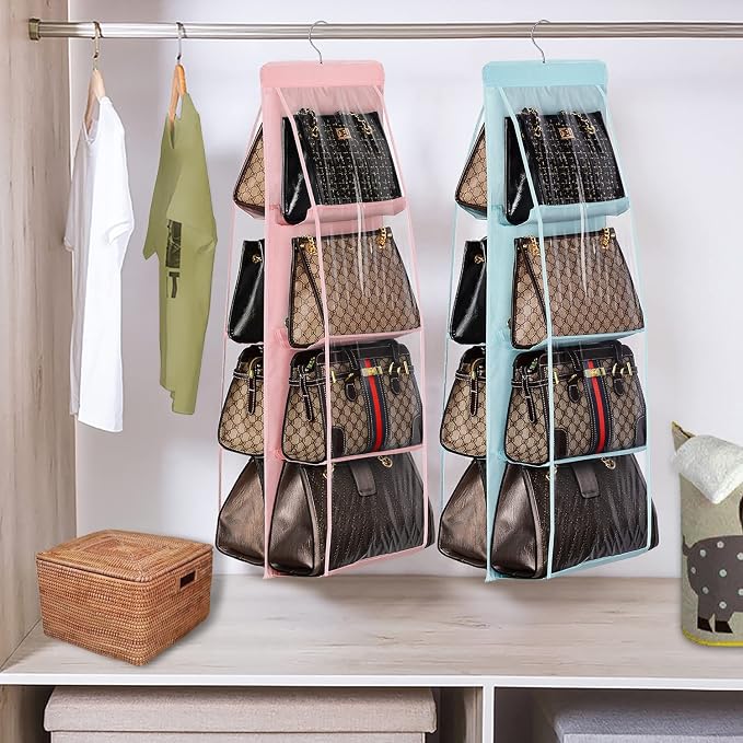 Lirex Handbag Hanging Purse Organizer for Closet, 8 Pocket Handbag Storage Organizer Hanger Oxford Cloth Closet Organizer for Family Closet Bedroom, Foldable and Universal Fit, Light Blue