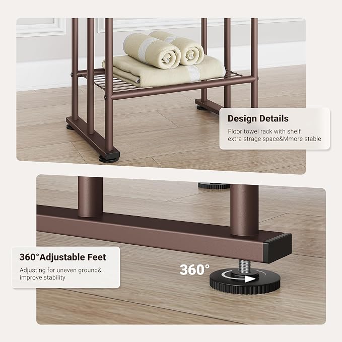ELYKEN 3 Tier Freestanding Towel Rack with Shelf, 40" H Towel Stand, Bronze | Metal Drying Rack for Oversized Bath Towels & Blankets, 4 Hooks, Indoor & Outdoor Use, Fits Bathroom, Tub, Shower, Poolside