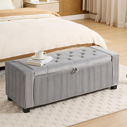 43" Ottoman Bench with Storage for Bedroom, Comfort Upholstered End of Bed Storage Bench with Safety Hinges, Sturdy Wooden Footstool & Shoe Bench for Living Room, Entryway (Grey)