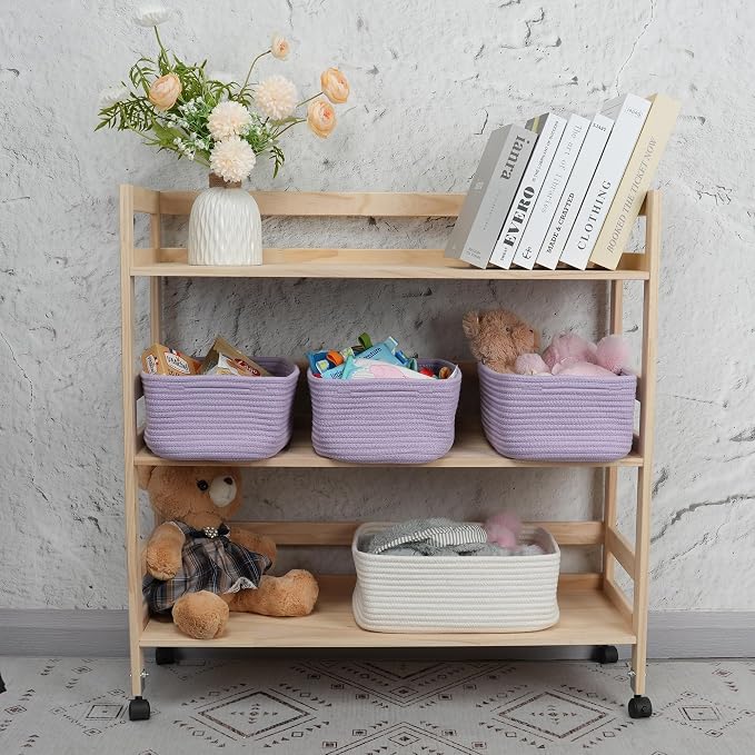 XUANGUO Small Woven Storage Baskets for Shelves, 12" x 8" x 5", Purple | Decorative rope storage bins for closets and toy storage; cute organizer baskets, empty gift baskets and nursery storage.