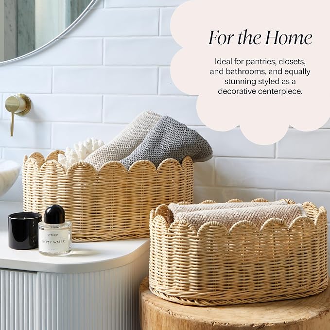 BEBE BASK Premium Scalloped Basket Set of 2 (16x10x7 In) - Storage Baskets | Handwoven Rattan, Scallop Basket, Wicker Basket With Scalloped Edge, Nursery Storage, Set of 2, Natural