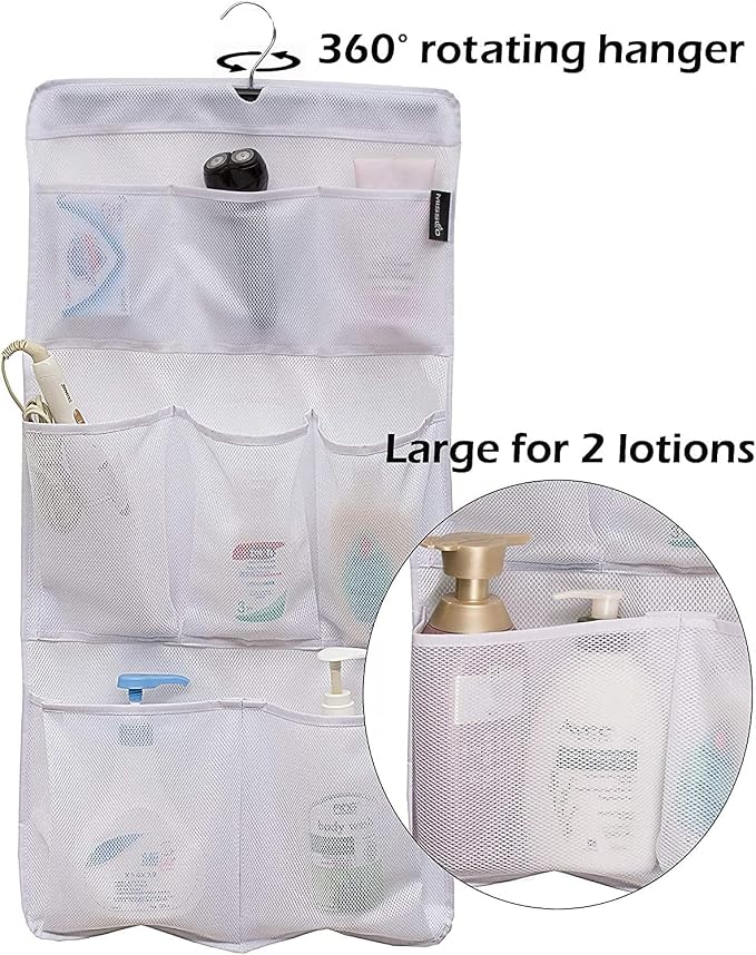 MISSLO 8 Pockets Mesh Shower Organizer Hanging Caddy with Rotating Hanger Quick Dry Bathroom Storage (White)
