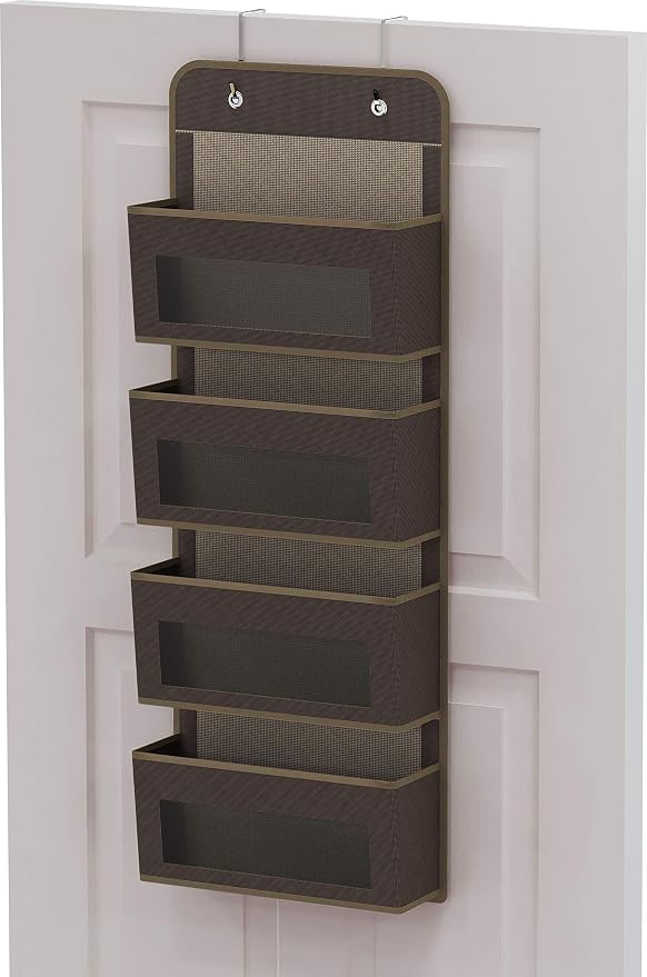 Simple Houseware 4 Clear Window Pocket Over Door Hanging Organizer, Brown | Over the Door Storage for Closet, Bedroom, Bathroom, Pantry