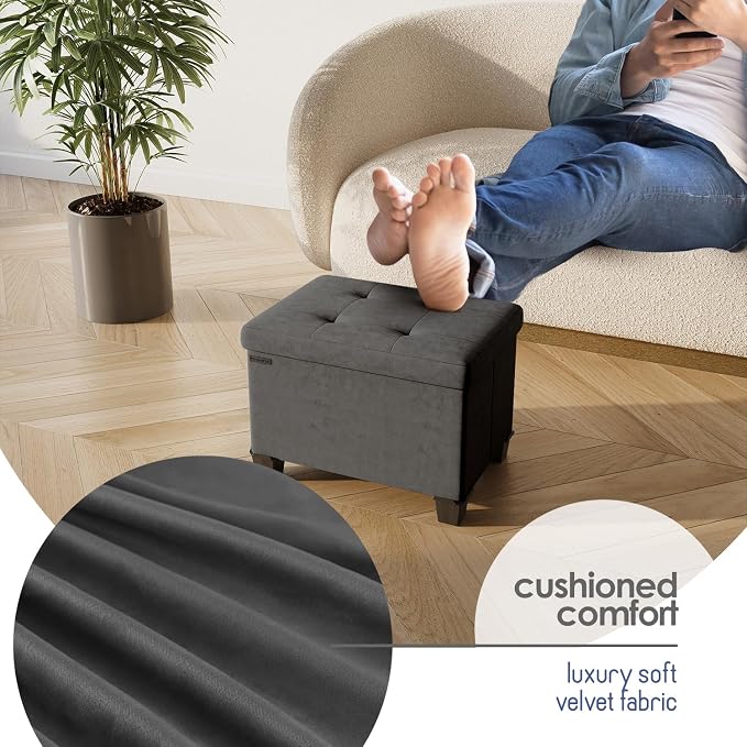 Storage Ottoman Cube with Small Bin, 16-in Square Ottoman with Storage for Living Room and Bedroom, Small Ottomans Foot Rest, Velvet Foot Stools Ottomans Max 330lbs, Grey
