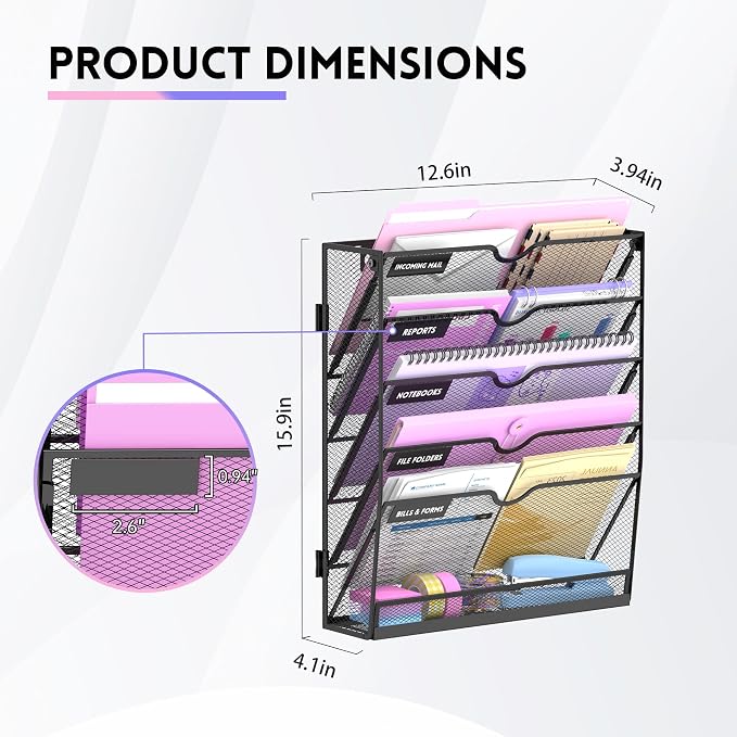 6-Tier Wall File Organizer with Base, Wall Mounted File Holder | Vertical Hanging File Organizer with Open Compartments and Label Holders for Mail, Folders and Paperwork at Home or Work